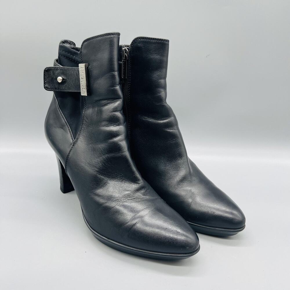 Aquatalia Boots Womens 8 Black Leather Ankle Zip Dress Cone Heel Booties Shoes
